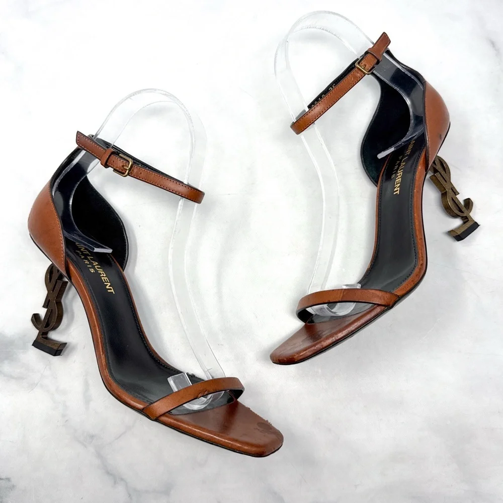 Saint Laurent Opyum 85 Leather YSL Cassandre Monogram Metal Heel Sandal Brown 36 - Picture 2 of 16